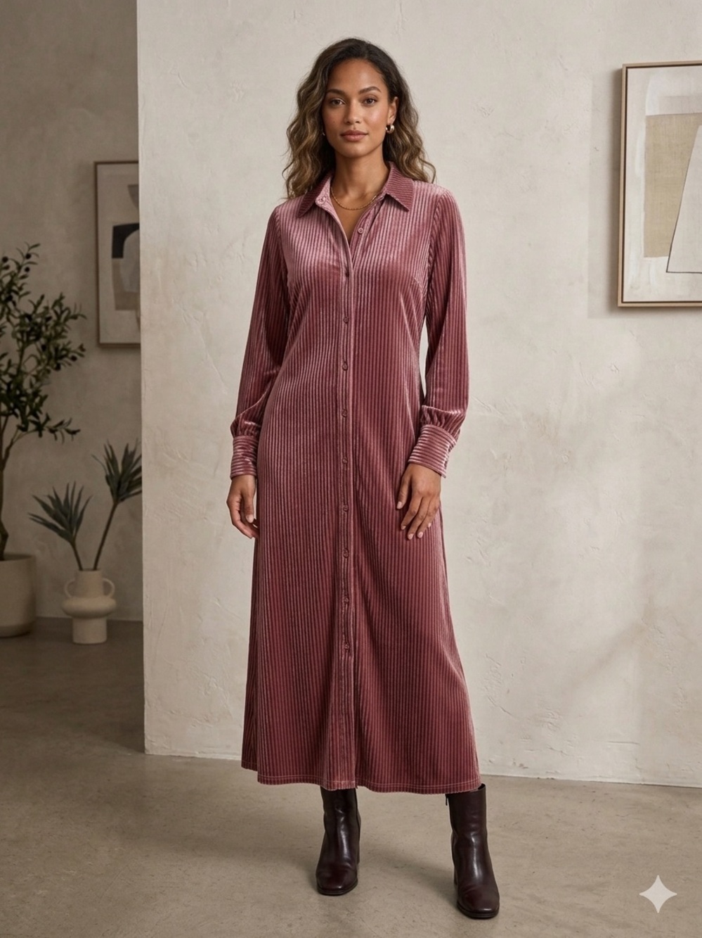 Umgee Mauve Ribbed Velvet Button-Front Maxi Shirt Dress 1XL